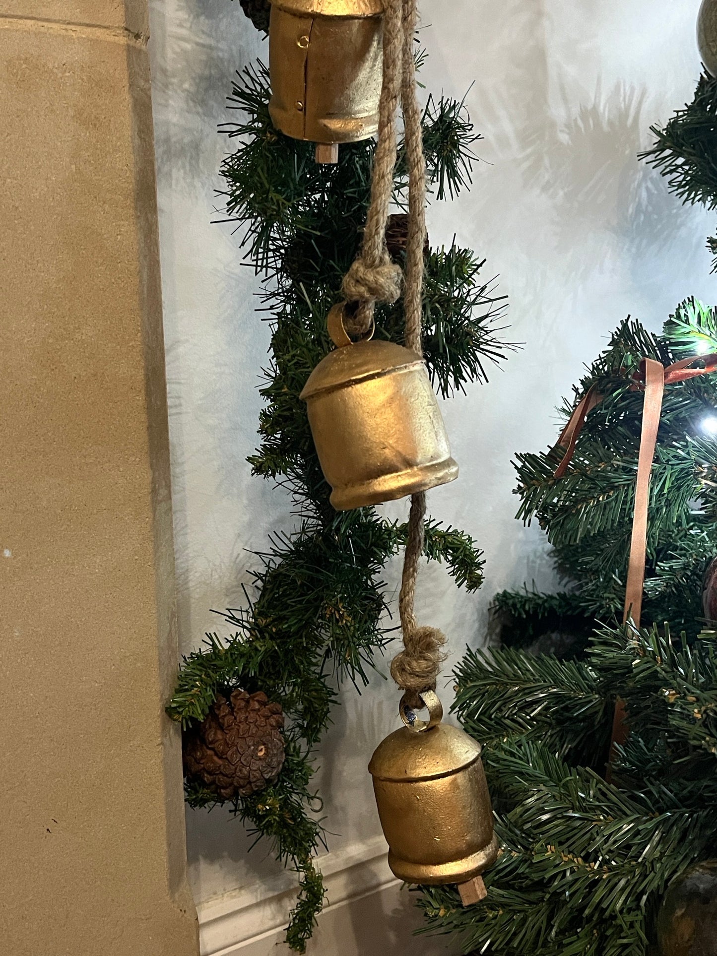 Four Large Vintage Bells on Rustic Rope