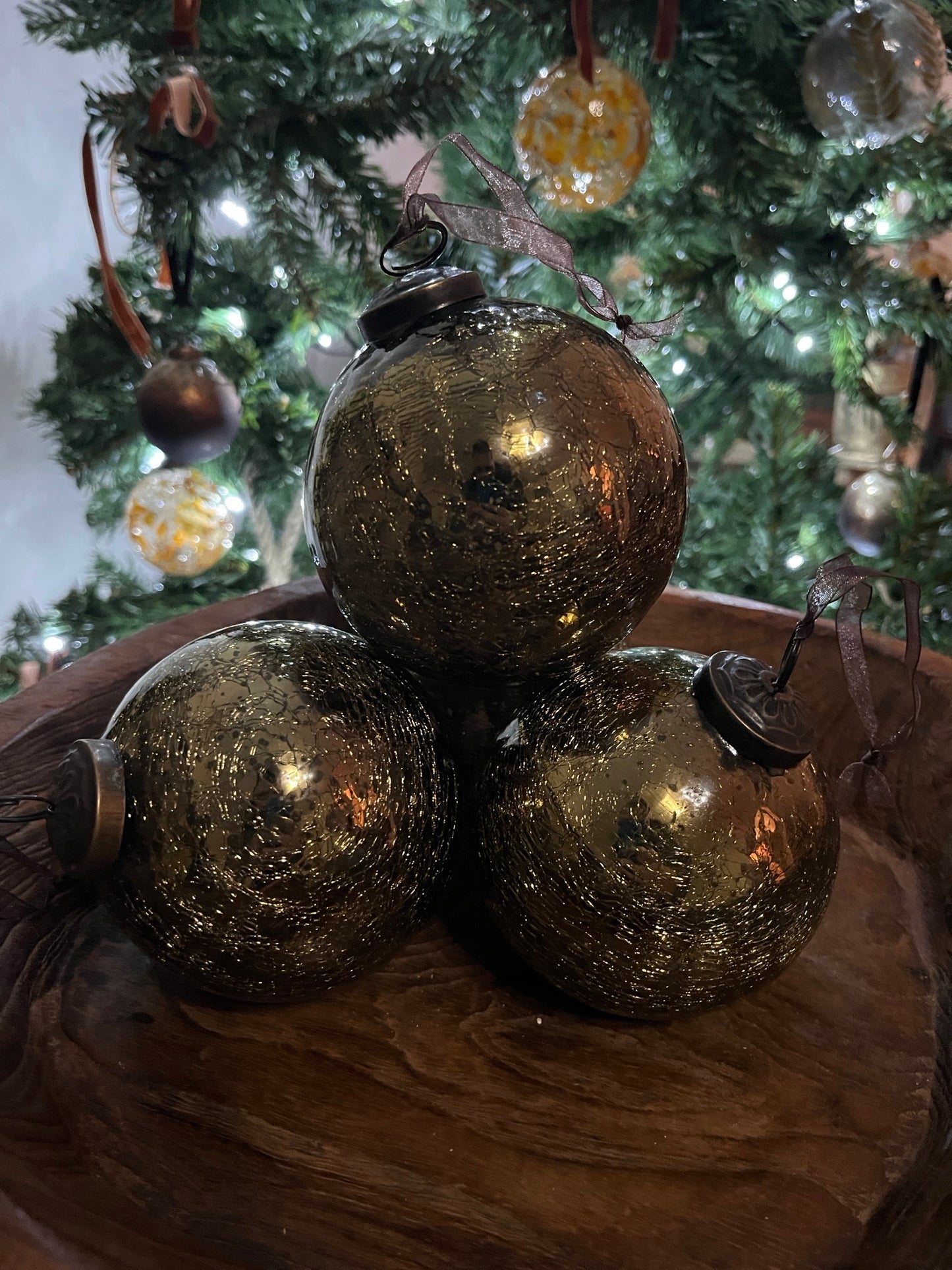 Large Olive Green Crackle Glass Bauble