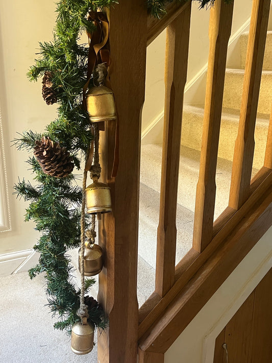 Four Large Vintage Bells on Rustic Rope