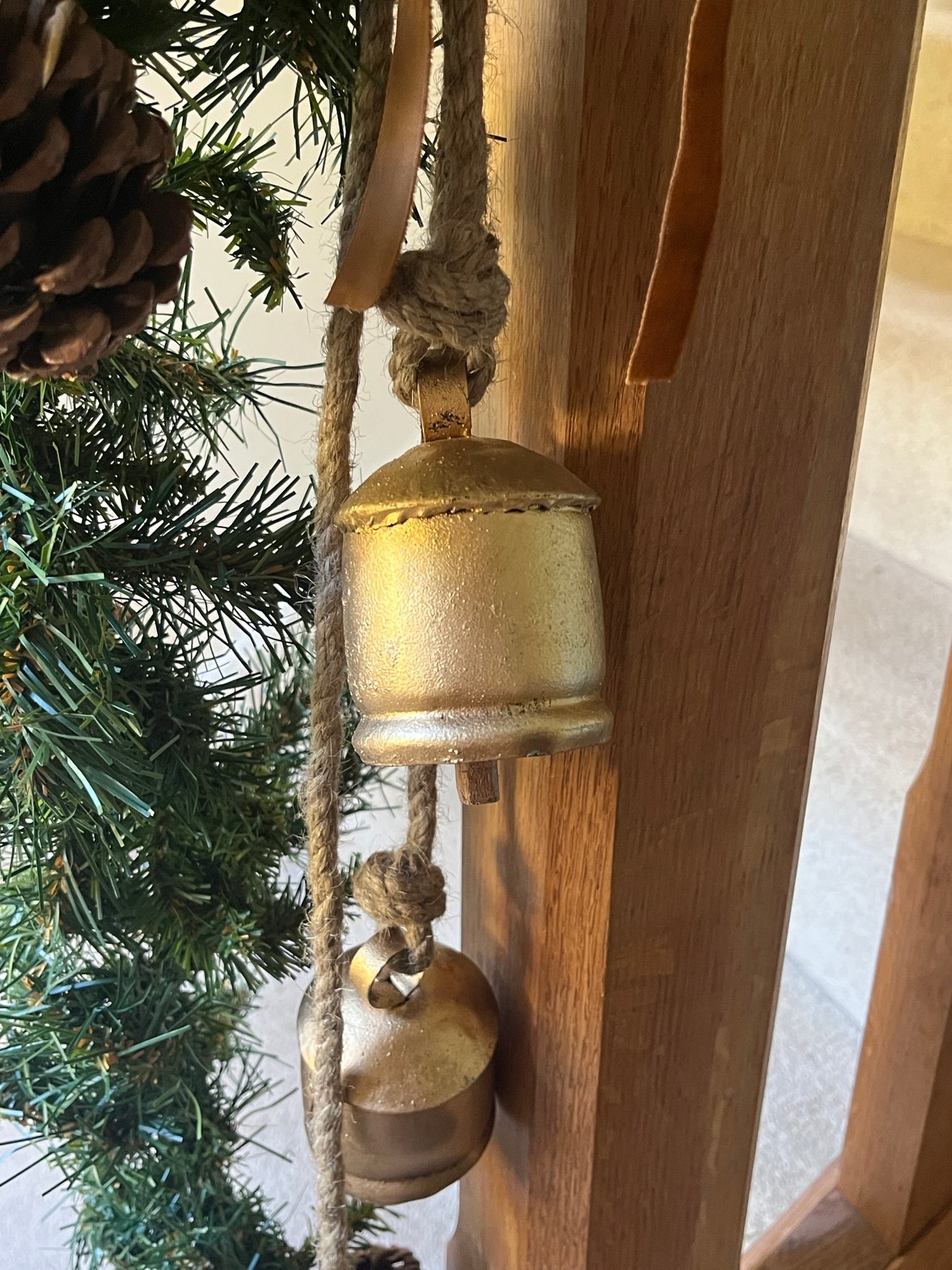 Four Large Vintage Bells on Rustic Rope