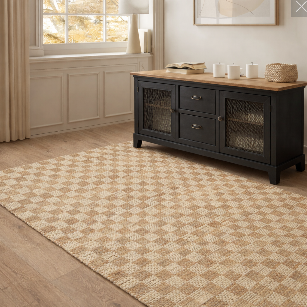 Black wooden TV stand with a natural wood top in a room with a patterned rug and window.