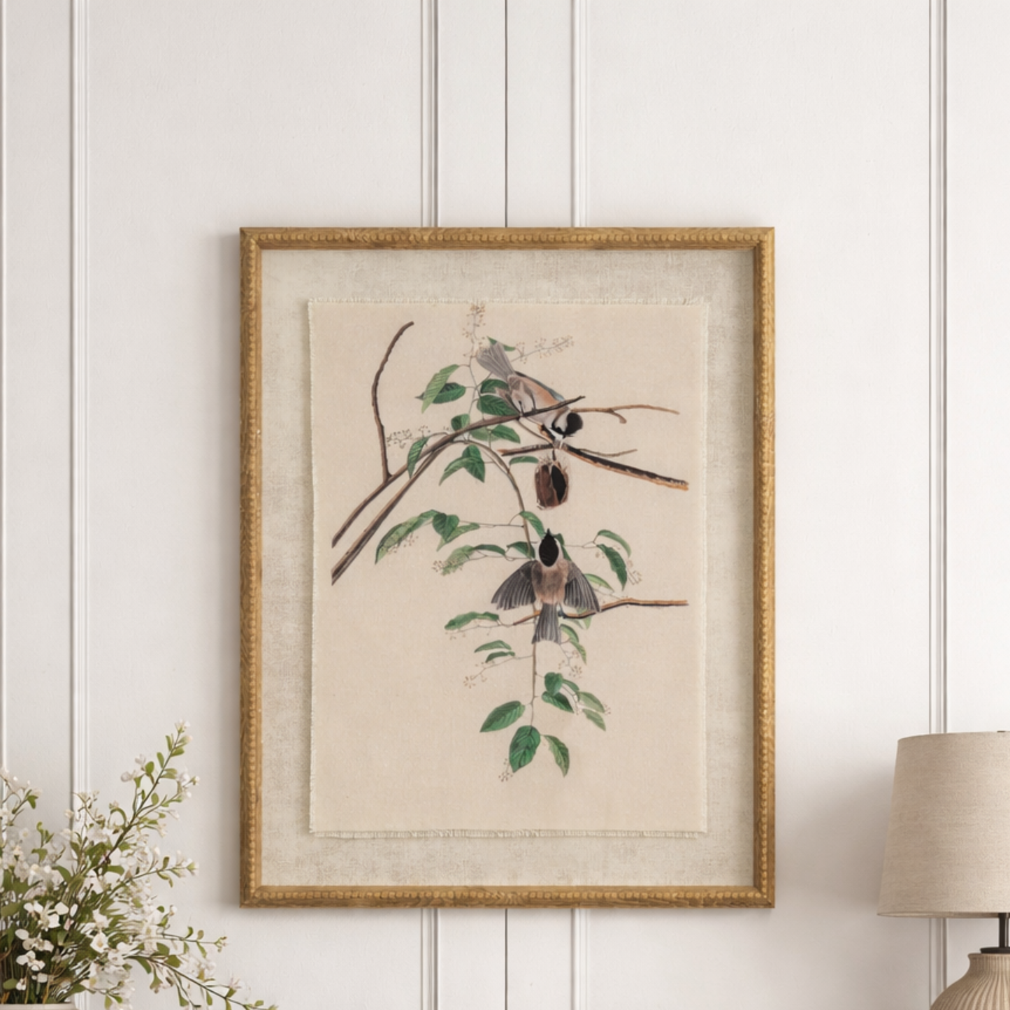 Botanical Framed Linen Print - Chickadees