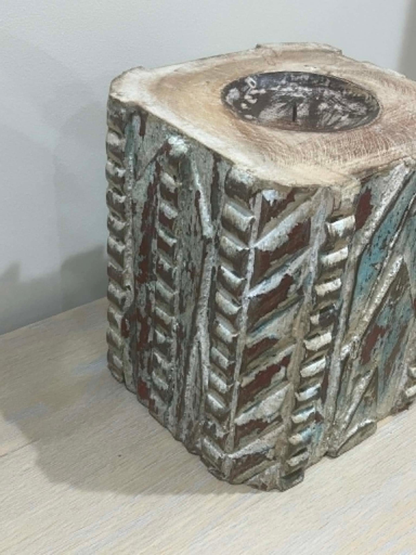 Large Salvaged Hand Carved Indian Pillar Candle Holder (I)