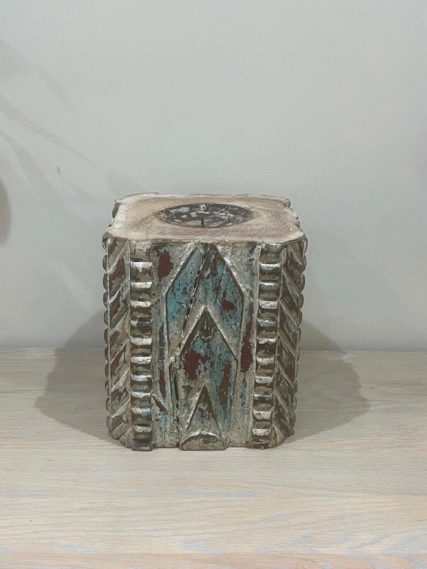 Large Salvaged Hand Carved Indian Pillar Candle Holder (I)