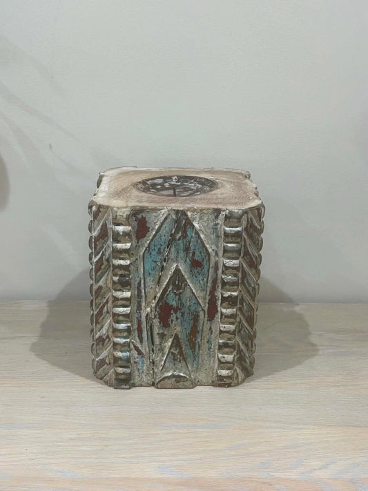 Large Salvaged Hand Carved Indian Pillar Candle Holder (I)