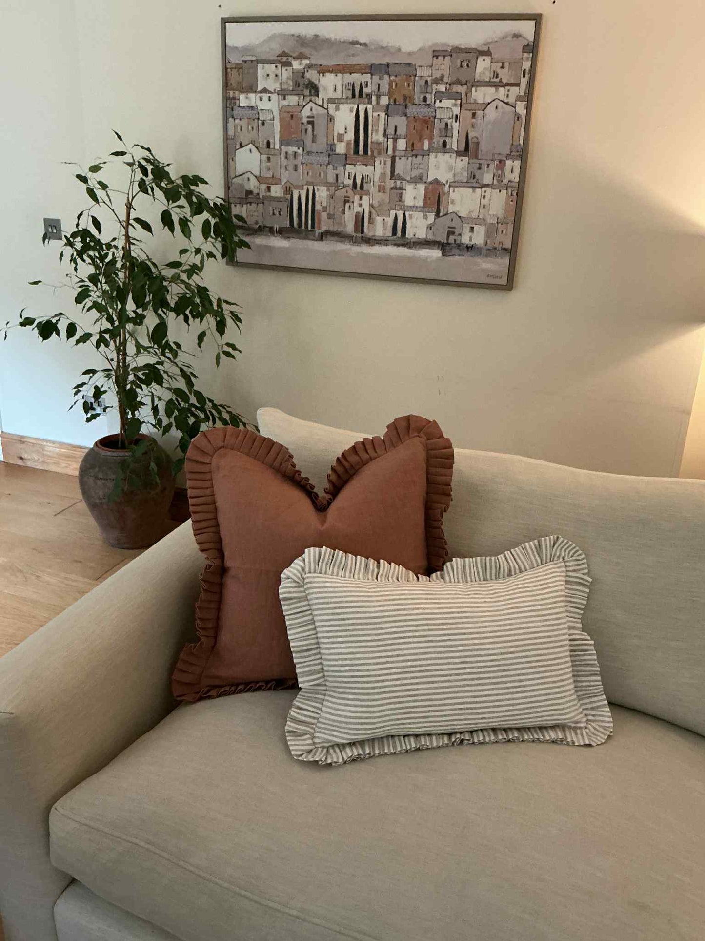 Natural Stripe Cushion with Frill - 100% Linen
