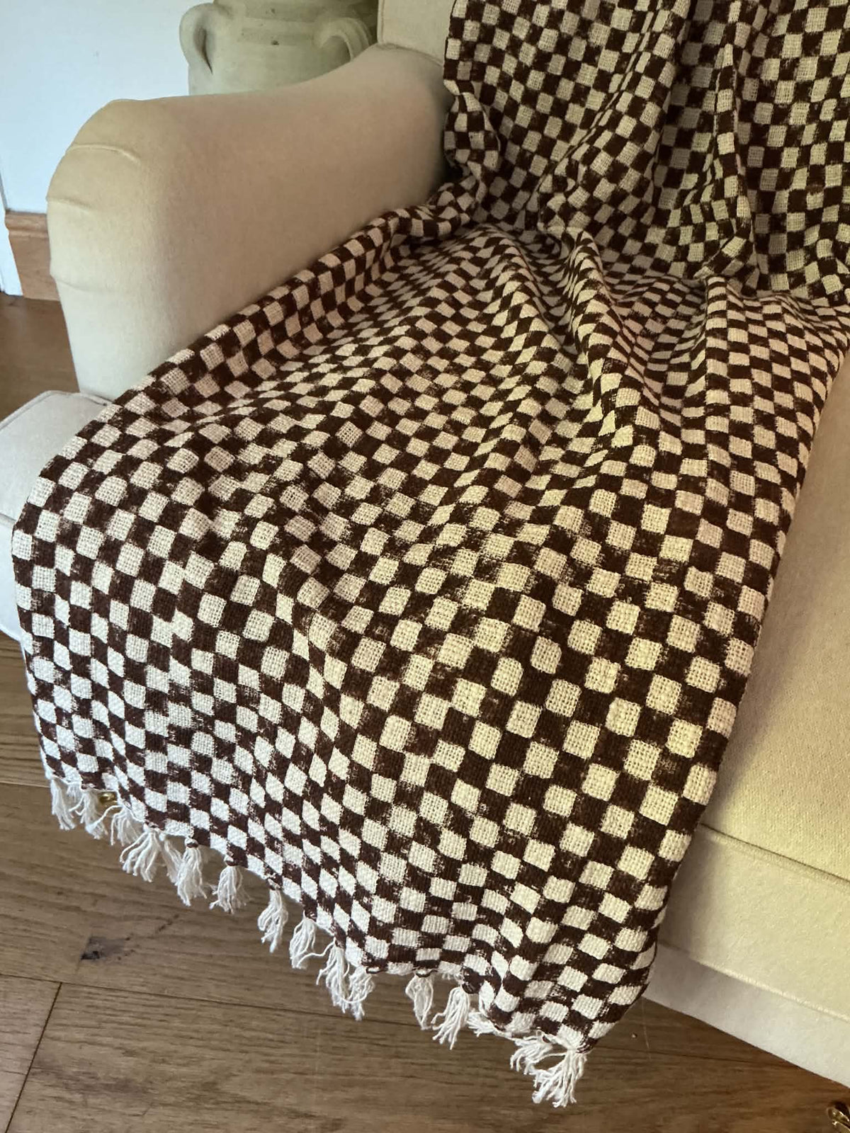 Ashwick Hand Block Printed Check Throw - Dark Brown