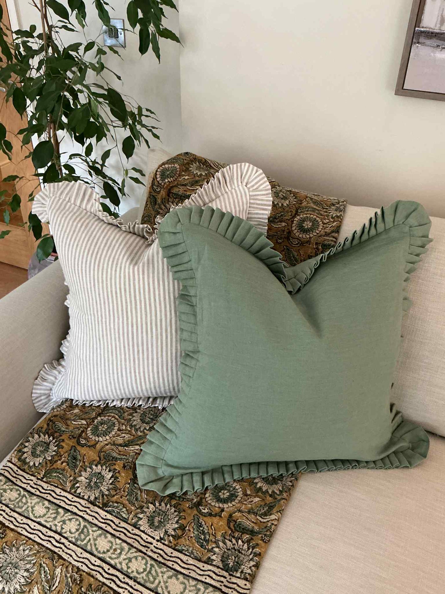 Sea Green Cushion with Frill - 100% Linen