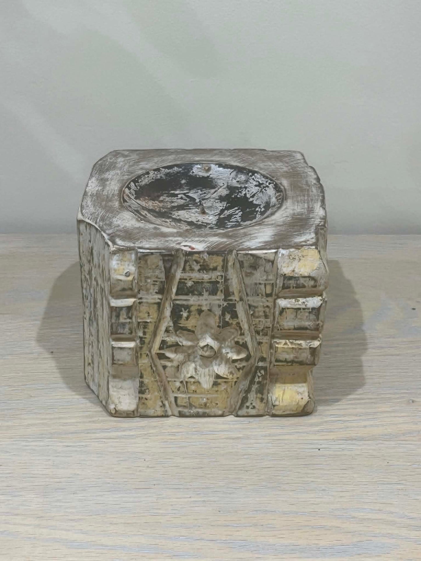 Salvaged Hand Carved Indian Pillar Candle Holder (D)