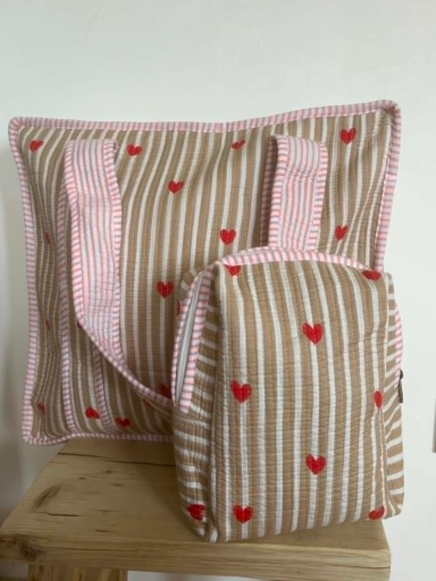 Beige Red Hearts Tote Bag